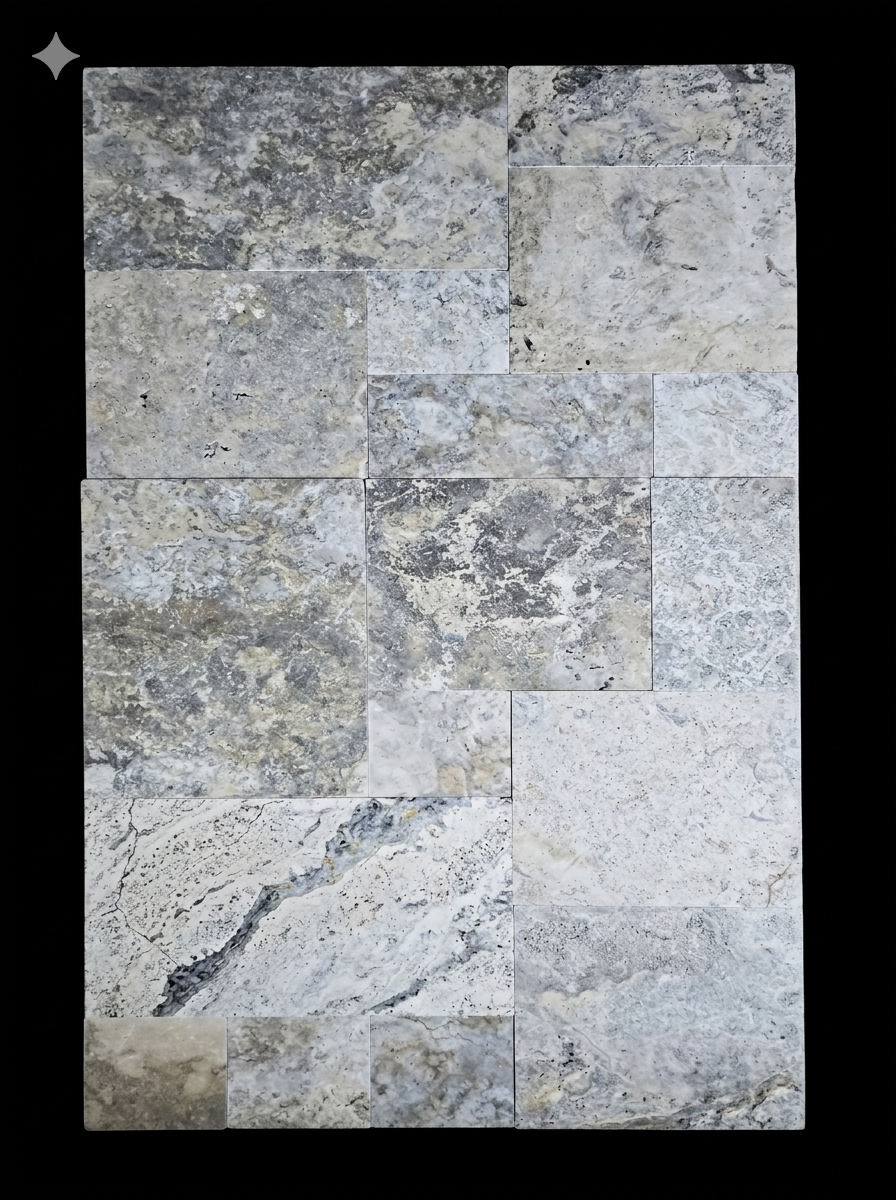 Classic Silver Travertine Tile French Pattern detail 2